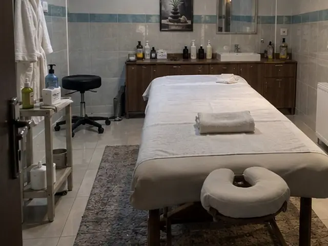 Lavabolu, raflı odada hazır masaj masası — Bakırköy, Masaj Salonun